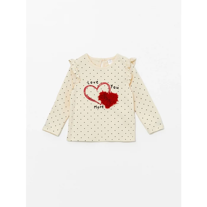 LCW Kids Ekru Bisiklet Yaka Baskılı Kız Çocuk Bluz ve Tayt 2li