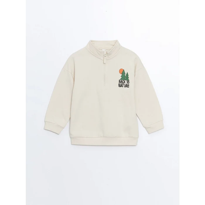 LCW Kids Bej Dik Yaka Baskılı Uzun Kollu Erkek Bebek Sweatshirt