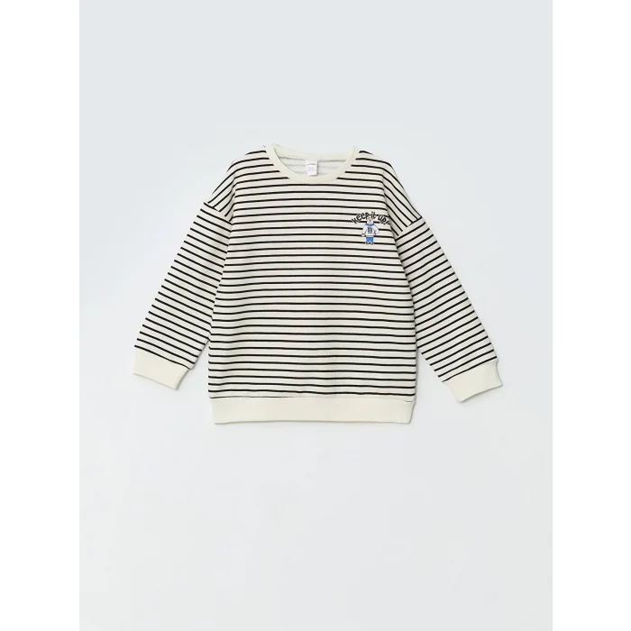 LCW Kids Bej Bisiklet Yaka Çizgili Erkek Çocuk Kalın Sweatshirt