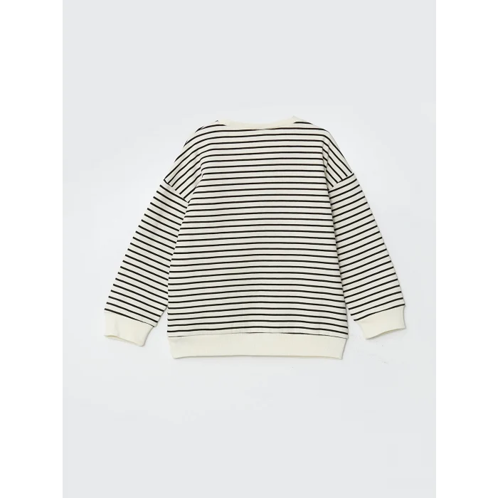 LCW Kids Bej Bisiklet Yaka Çizgili Erkek Çocuk Kalın Sweatshirt