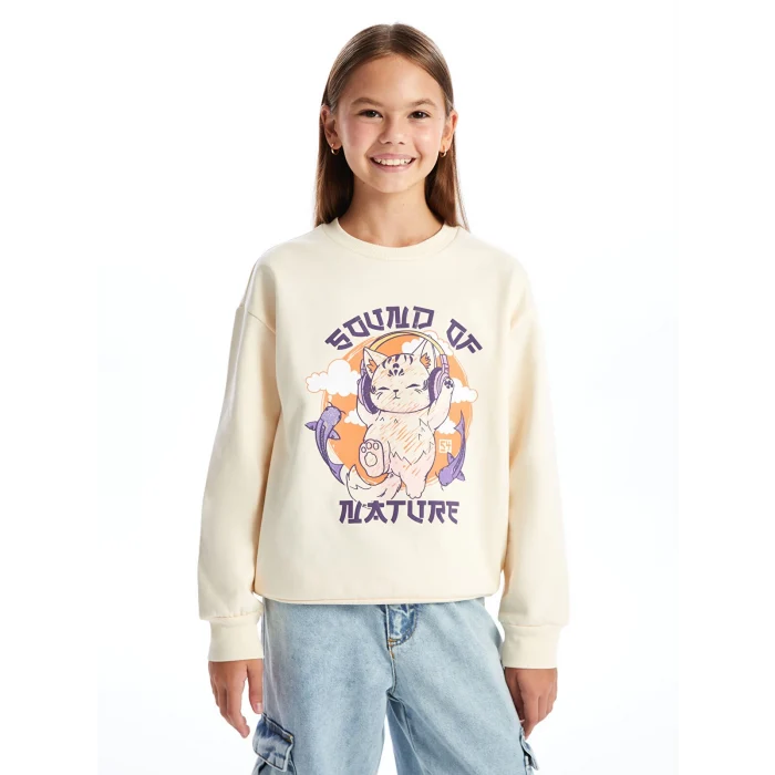 LCW Kids Bej Bisiklet Yaka Kız Çocuk Kalın Sweatshirt