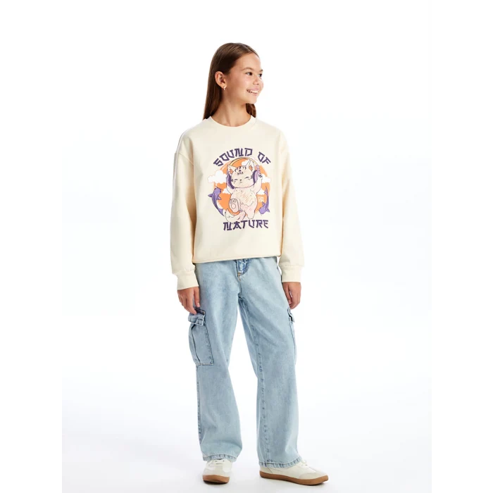 LCW Kids Bej Bisiklet Yaka Kız Çocuk Kalın Sweatshirt