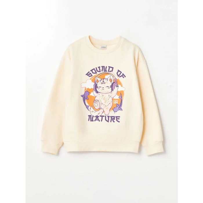 LCW Kids Bej Bisiklet Yaka Kız Çocuk Kalın Sweatshirt