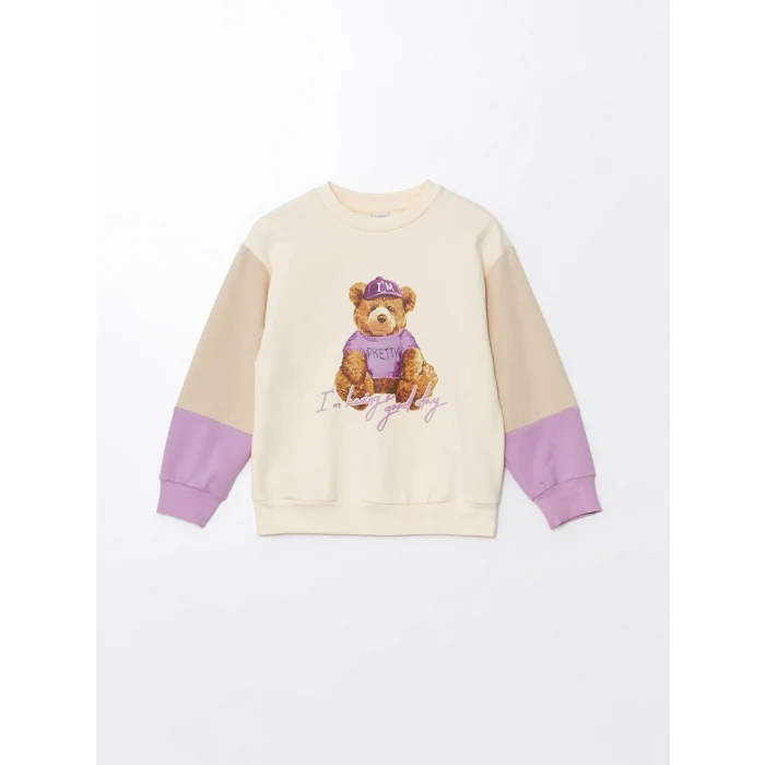 LCW Kids Bej Bisiklet Yaka Kız Çocuk Kalın Sweatshirt