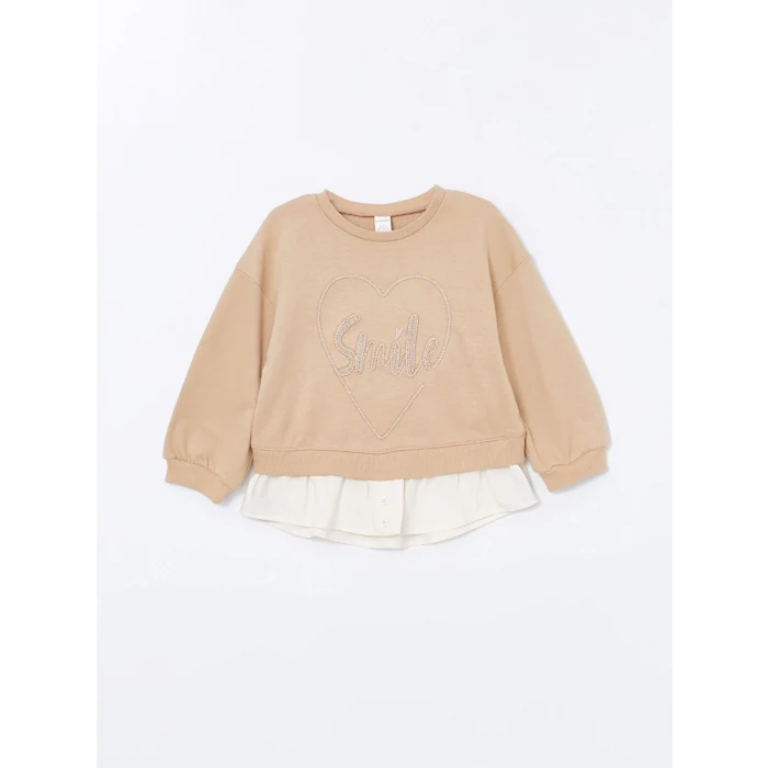 LCW Kids Bej Bisiklet Yaka Uzun Kollu Baskılı Kız Bebek Sweatshirt