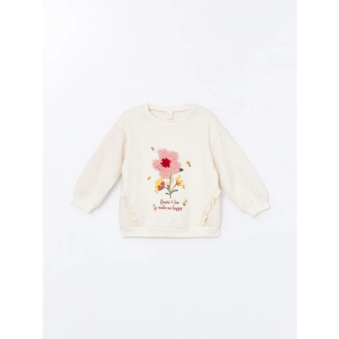 LCW Kids Bej Bisiklet Yaka Kalın Çiçekli Kız Çocuk Sweatshirt