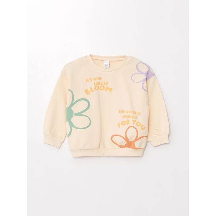 LCW Kids Ekru Bisiklet Yaka Kalın Baskılı Kız Çocuk Sweatshirt