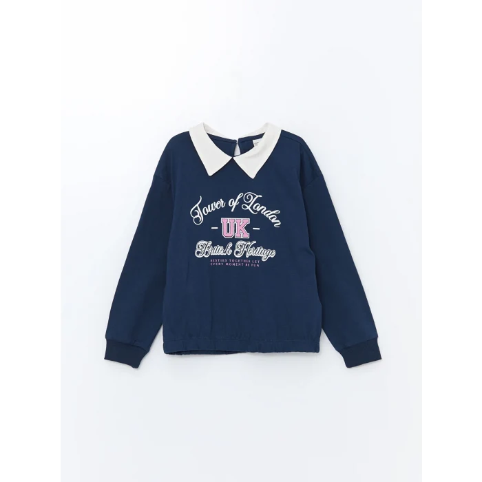 LCW Kids Lacivert Polo Yaka Baskılı Kısa Kollu Kız Çocuk Tişört