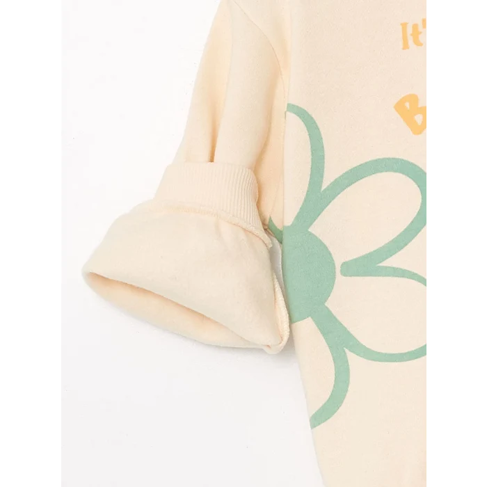 LCW Kids Ekru Bisiklet Yaka Kalın Baskılı Kız Çocuk Sweatshirt