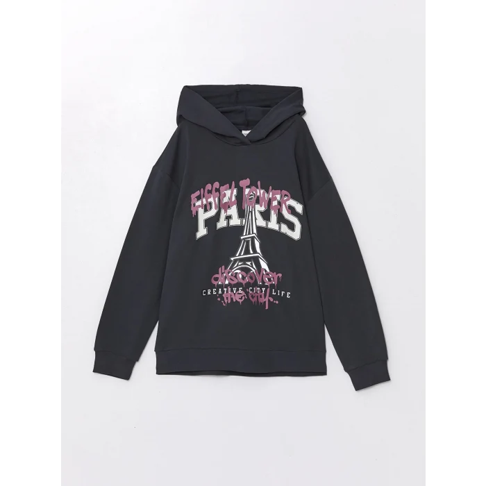 LCW Kids Antrasit Kapüşonlu Baskılı Uzun Kollu Kız Çocuk Sweatshirt