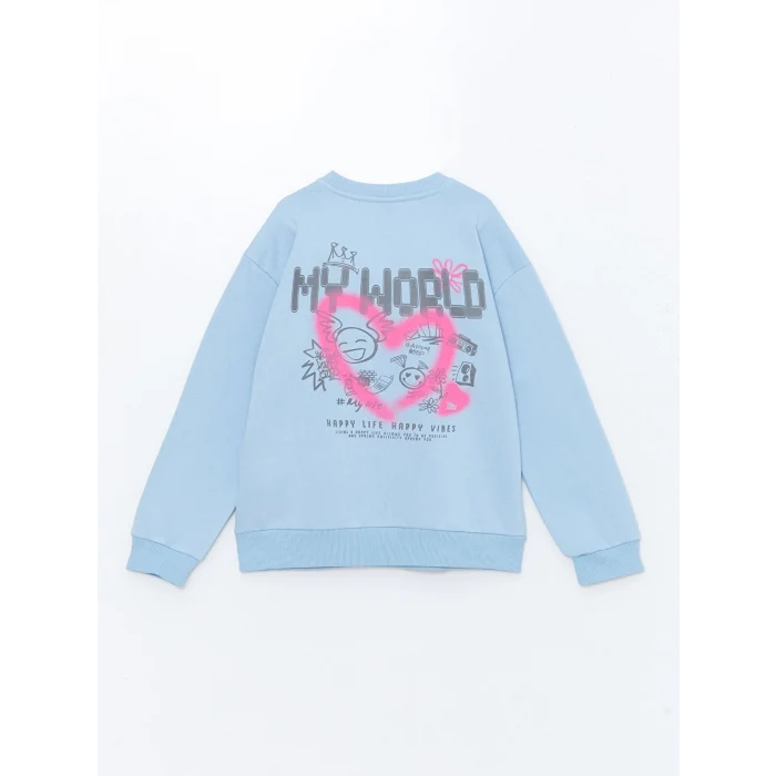 LCW Kids Mavi Bisiklet Yaka Kız Çocuk Kalın Sweatshirt