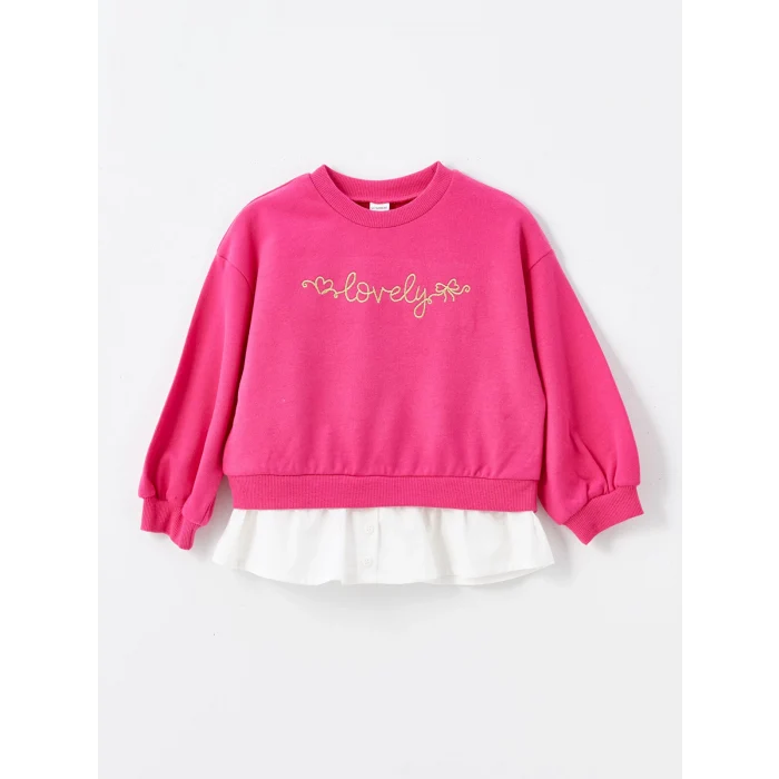 LCW Kids Fuşya Bisiklet Yaka Uzun Kollu Baskılı Kız Bebek Sweatshirt