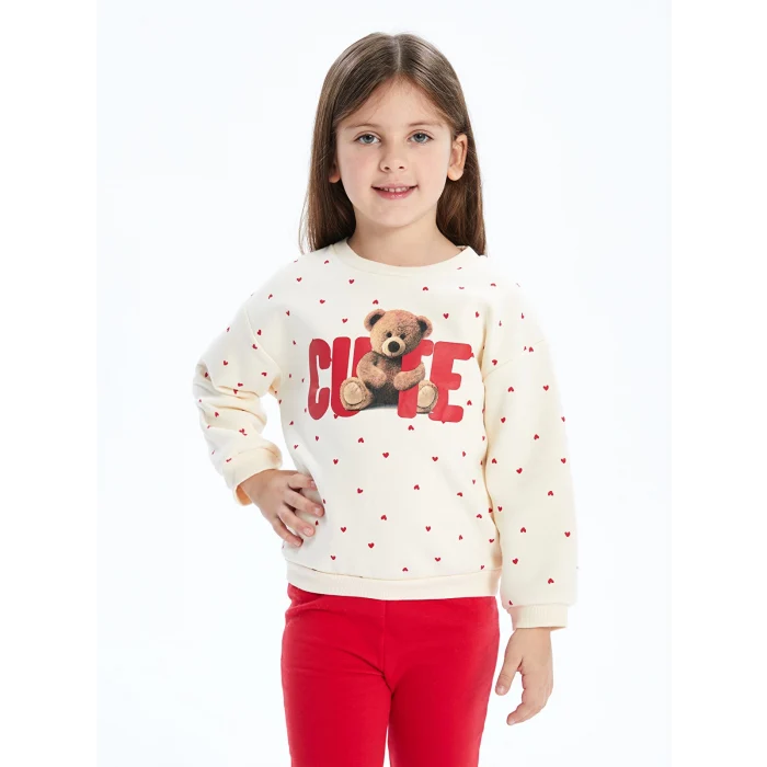 LCW Kids Ekru Bisiklet Yaka Kalın Baskılı Kız Çocuk Sweatshirt