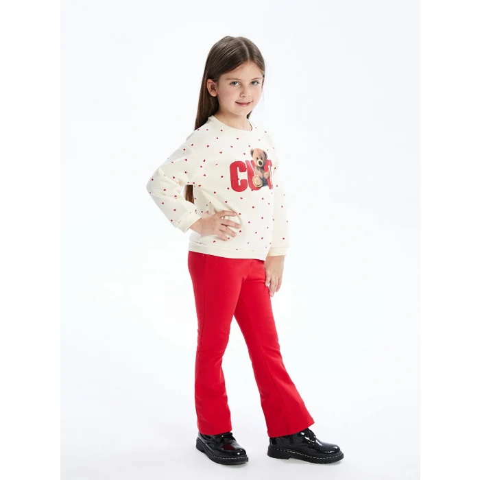 LCW Kids Ekru Bisiklet Yaka Kalın Baskılı Kız Çocuk Sweatshirt