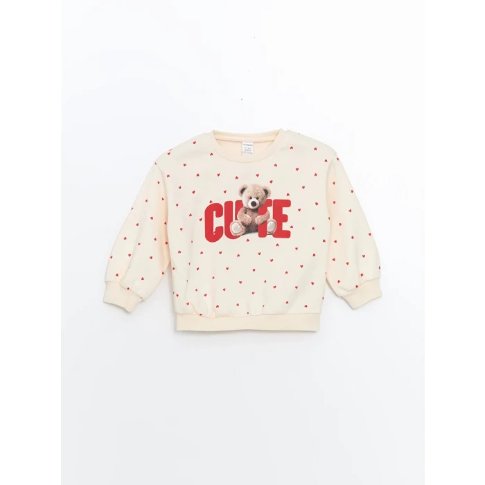 LCW Kids Ekru Bisiklet Yaka Kalın Baskılı Kız Çocuk Sweatshirt