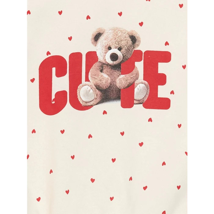 LCW Kids Ekru Bisiklet Yaka Kalın Baskılı Kız Çocuk Sweatshirt