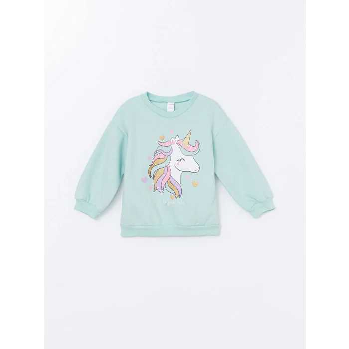 LCW Kids Turkuaz Bisiklet Yaka Kalın Baskılı Kız Çocuk Sweatshirt