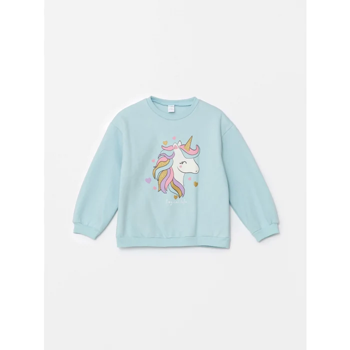 LCW Kids Turkuaz Bisiklet Yaka Kalın Baskılı Kız Çocuk Sweatshirt