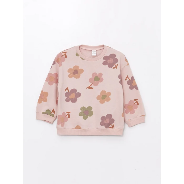 LCW Kids Ekru Bisiklet Yaka Uzun Kollu Çiçekli Kız Çocuk Sweatshirt