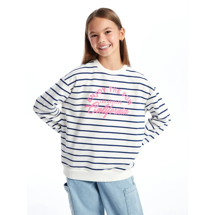 LCW Kids Ekru Bisiklet Yaka Kız Çocuk Kalın Sweatshirt