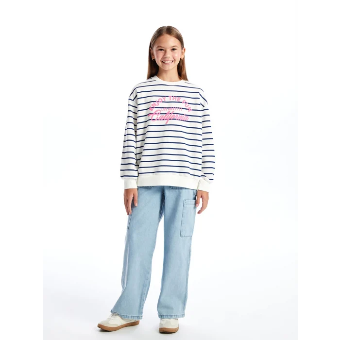 LCW Kids Ekru Bisiklet Yaka Kız Çocuk Kalın Sweatshirt