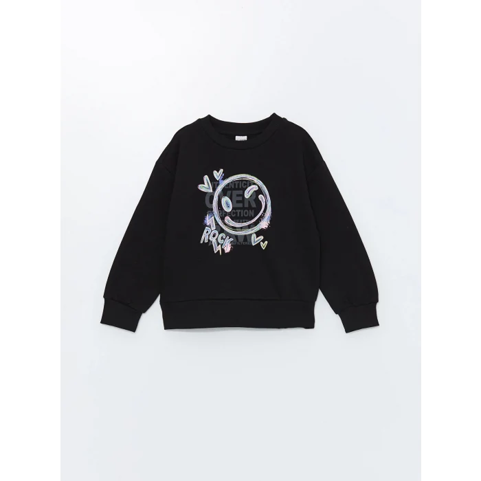 LCW Kids Siyah Bisiklet Yaka Kız Çocuk Kalın Sweatshirt