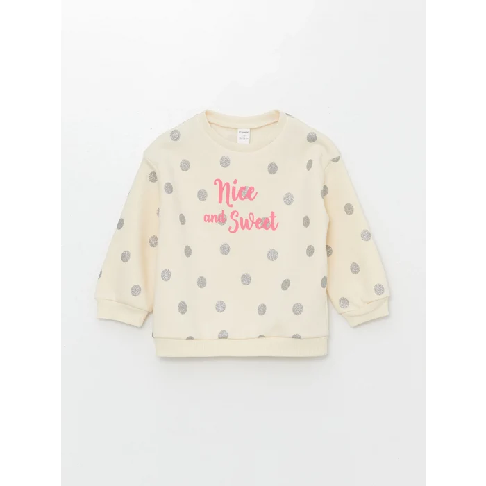 LCW Kids Ekru Bisiklet Yaka Kalın Baskılı Kız Bebek Sweatshirt