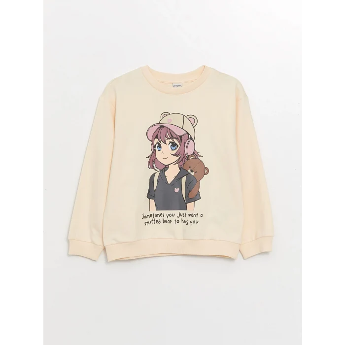 LCW Kids Bej Bisiklet Yaka Uzun Kollu Baskılı Kız Çocuk Sweatshirt