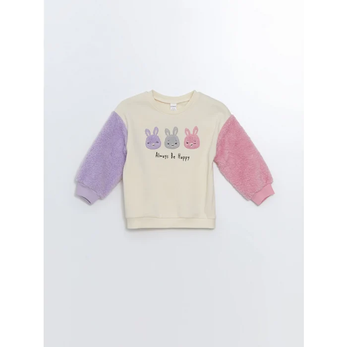 LCW Kids Ekru Bisiklet Yaka Kalın Baskılı Kız Bebek Sweatshirt