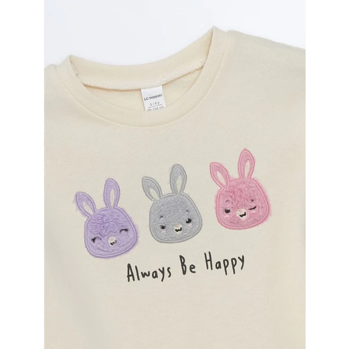 LCW Kids Ekru Bisiklet Yaka Kalın Baskılı Kız Bebek Sweatshirt