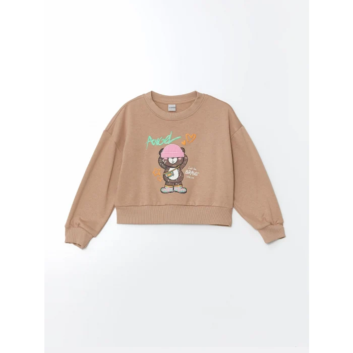 LCW Kids Kahverengi Bisiklet Yaka Kız Çocuk Kalın Sweatshirt