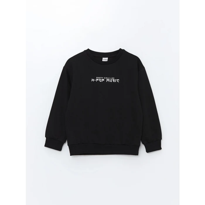 LCW Kids Siyah Bisiklet Yaka Kız Çocuk Kalın Sweatshirt