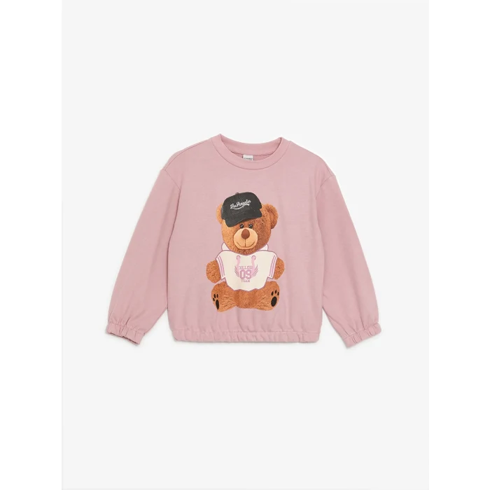 LCW Kids Pembe Bisiklet Yaka Baskılı Uzun Kollu Kız Çocuk Sweatshirt