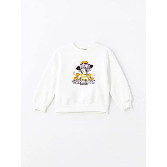 LCW Kids Ekru Bisiklet Yaka Kız Çocuk Kalın Sweatshirt