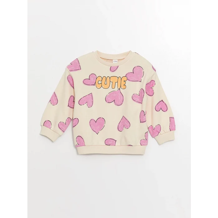 LCW Kids Ekru Bisiklet Yaka Uzun Kollu Baskılı Kız Bebek Sweatshirt