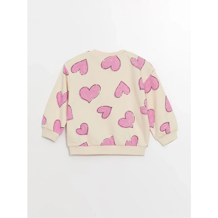 LCW Kids Ekru Bisiklet Yaka Uzun Kollu Baskılı Kız Bebek Sweatshirt