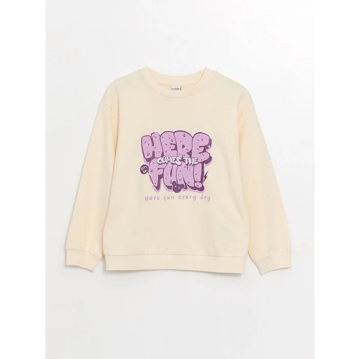 LCW Kids Bej Bisiklet Yaka Baskılı Uzun Kollu Kız Çocuk Sweatshirt