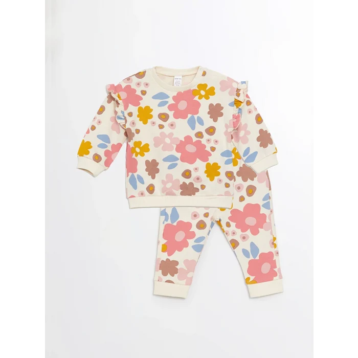 LCW baby Ekru Bisiklet Yaka Uzun Kollu Çiçekli Kız Bebek Sweatshirt ve Eşofman Alt 2li Takım