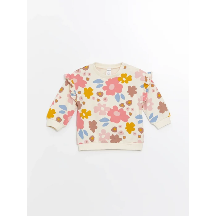LCW baby Ekru Bisiklet Yaka Uzun Kollu Çiçekli Kız Bebek Sweatshirt ve Eşofman Alt 2li Takım