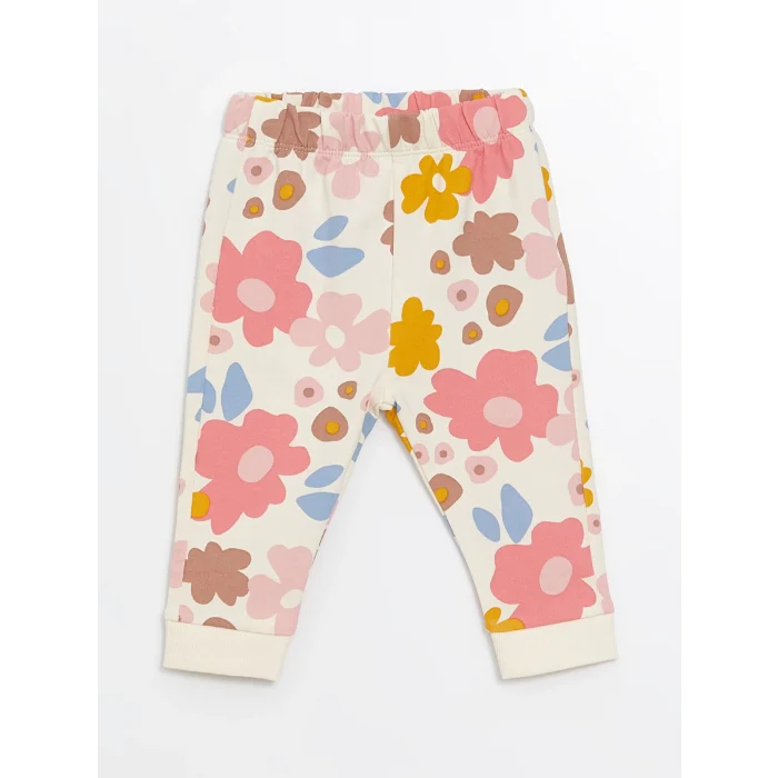 LCW baby Ekru Bisiklet Yaka Uzun Kollu Çiçekli Kız Bebek Sweatshirt ve Eşofman Alt 2li Takım