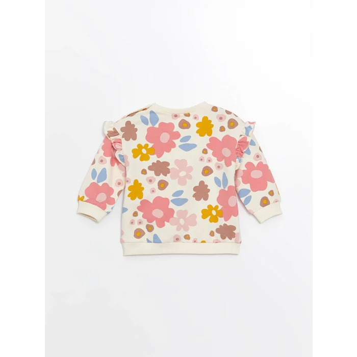 LCW baby Ekru Bisiklet Yaka Uzun Kollu Çiçekli Kız Bebek Sweatshirt ve Eşofman Alt 2li Takım