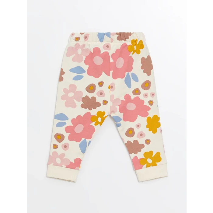 LCW baby Ekru Bisiklet Yaka Uzun Kollu Çiçekli Kız Bebek Sweatshirt ve Eşofman Alt 2li Takım