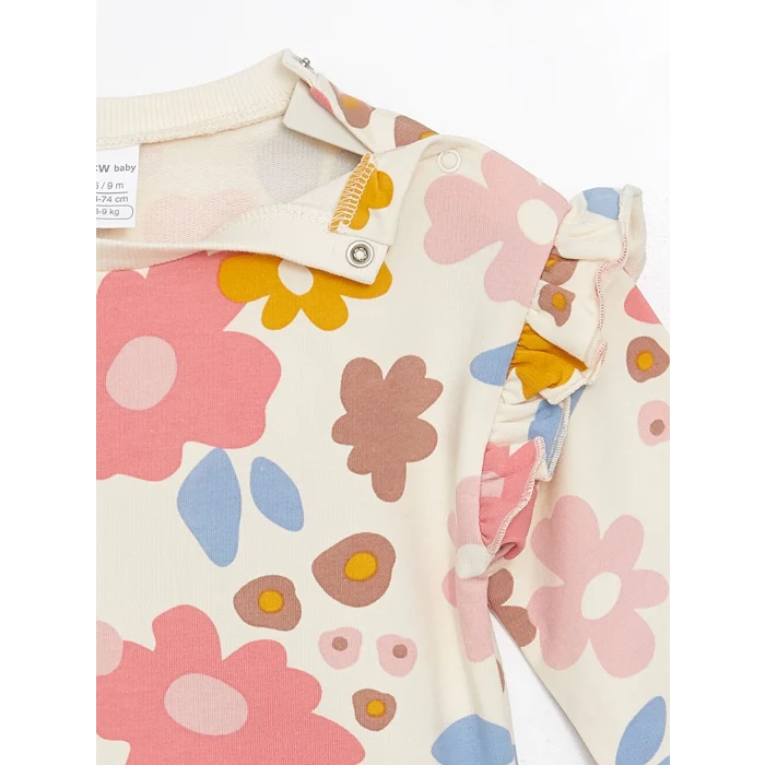 LCW baby Ekru Bisiklet Yaka Uzun Kollu Çiçekli Kız Bebek Sweatshirt ve Eşofman Alt 2li Takım