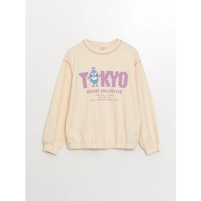 LCW Kids Bej Bisiklet Yaka Baskılı Uzun Kollu Kız Çocuk Sweatshirt