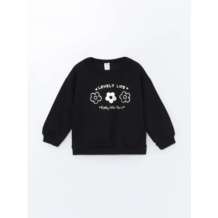 LCW Kids Siyah Bisiklet Yaka Kalın Baskılı Kız Çocuk Sweatshirt