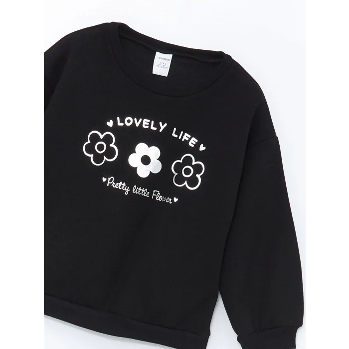 LCW Kids Siyah Bisiklet Yaka Kalın Baskılı Kız Çocuk Sweatshirt