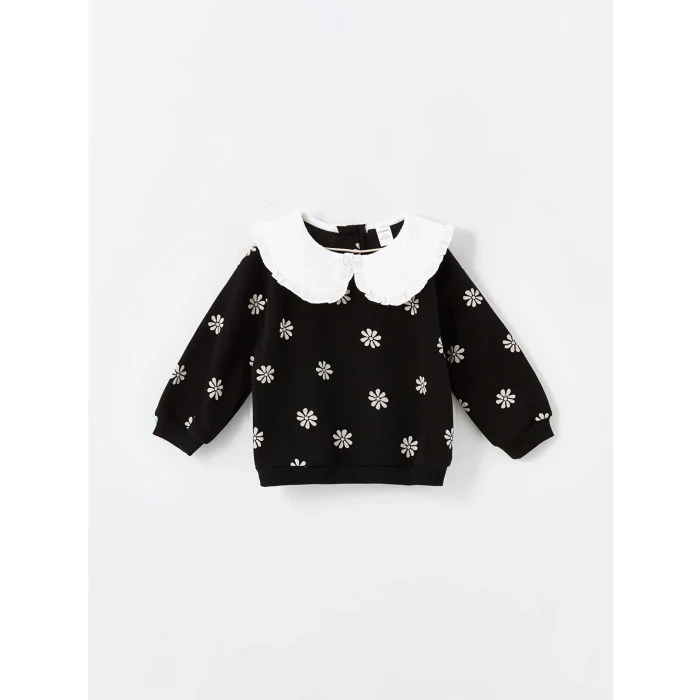 LCW Kids Siyah Bebe Yaka Kalın Çiçekli Kız Çocuk Sweatshirt