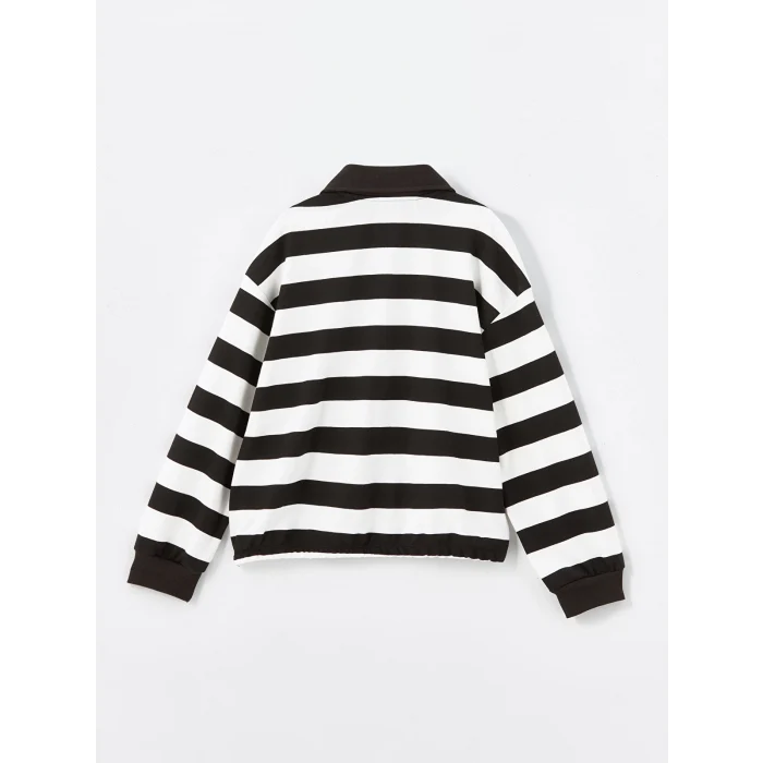 LCW Kids Siyah Polo Yaka Çizgili Uzun Kollu Kız Çocuk Sweatshirt