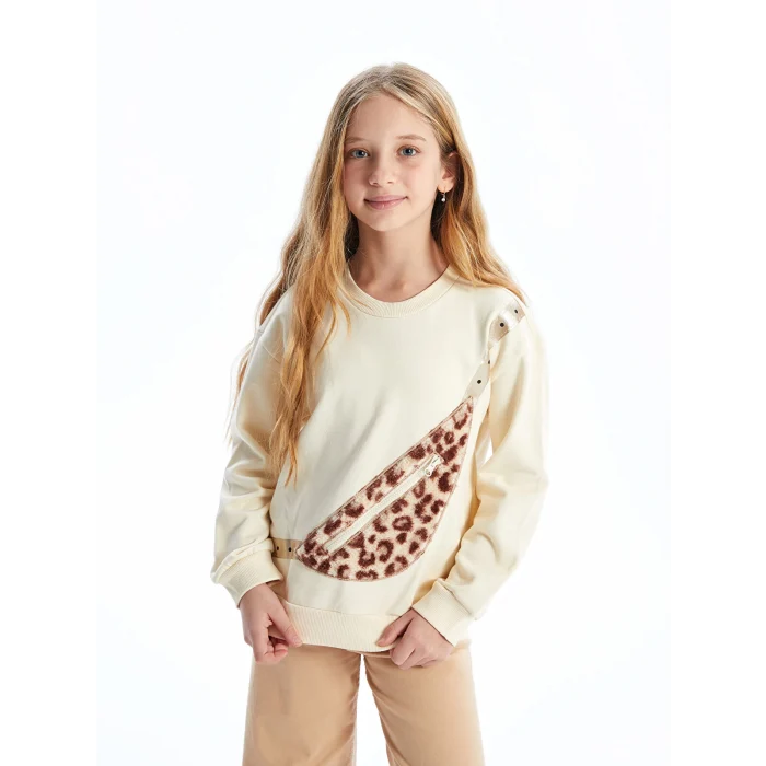 LCW Kids Bej Bisiklet Yaka Kız Çocuk Kalın Sweatshirt
