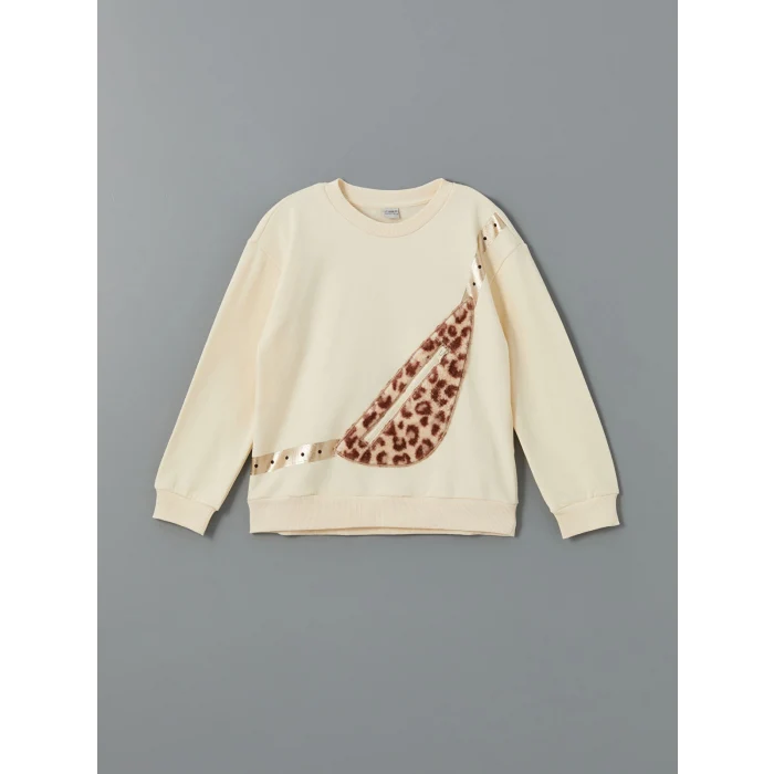 LCW Kids Bej Bisiklet Yaka Kız Çocuk Kalın Sweatshirt